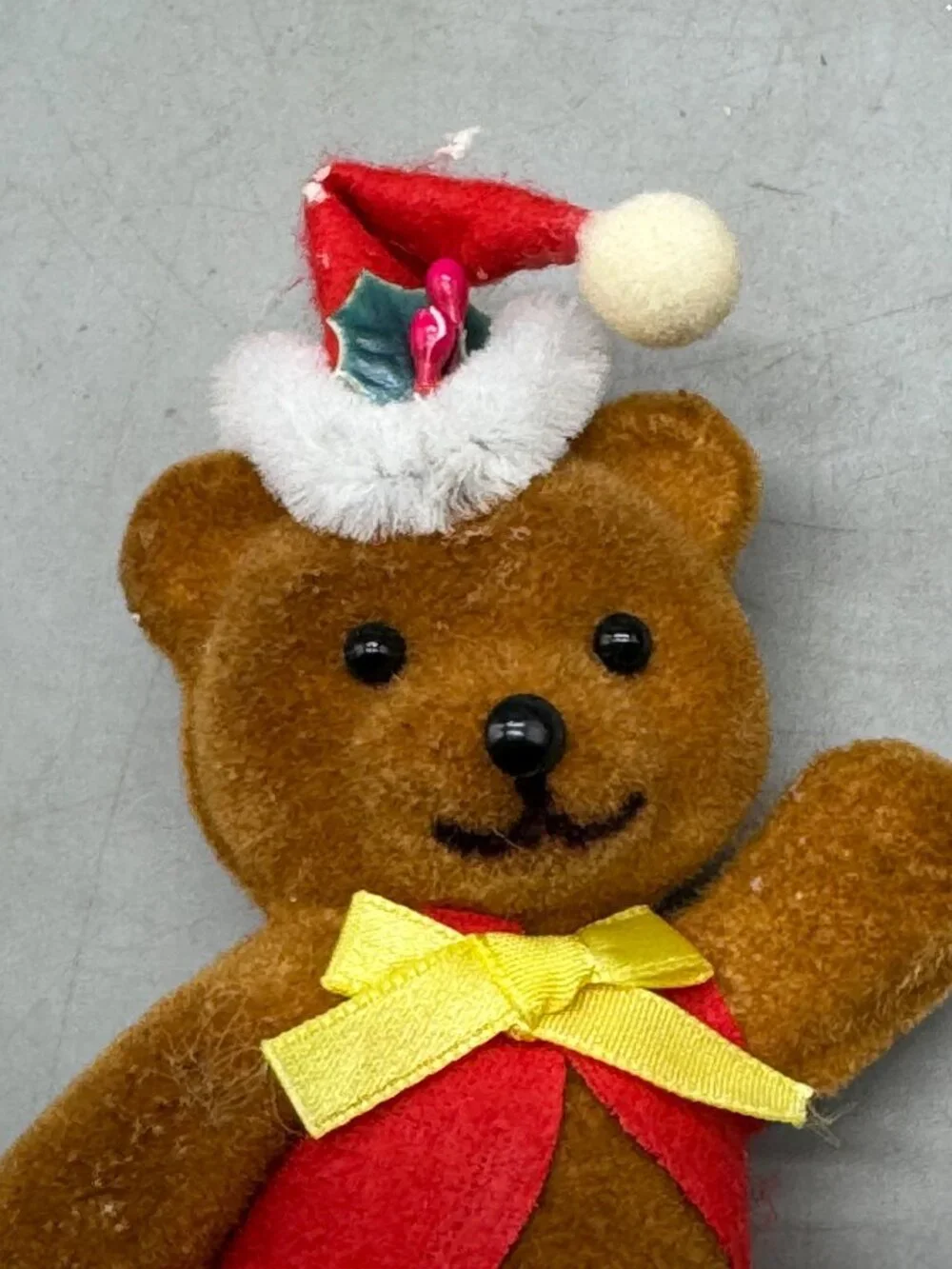 Flocked Teddy Bear Santa Hat Figurine Christmas decoration bow vest holly READ